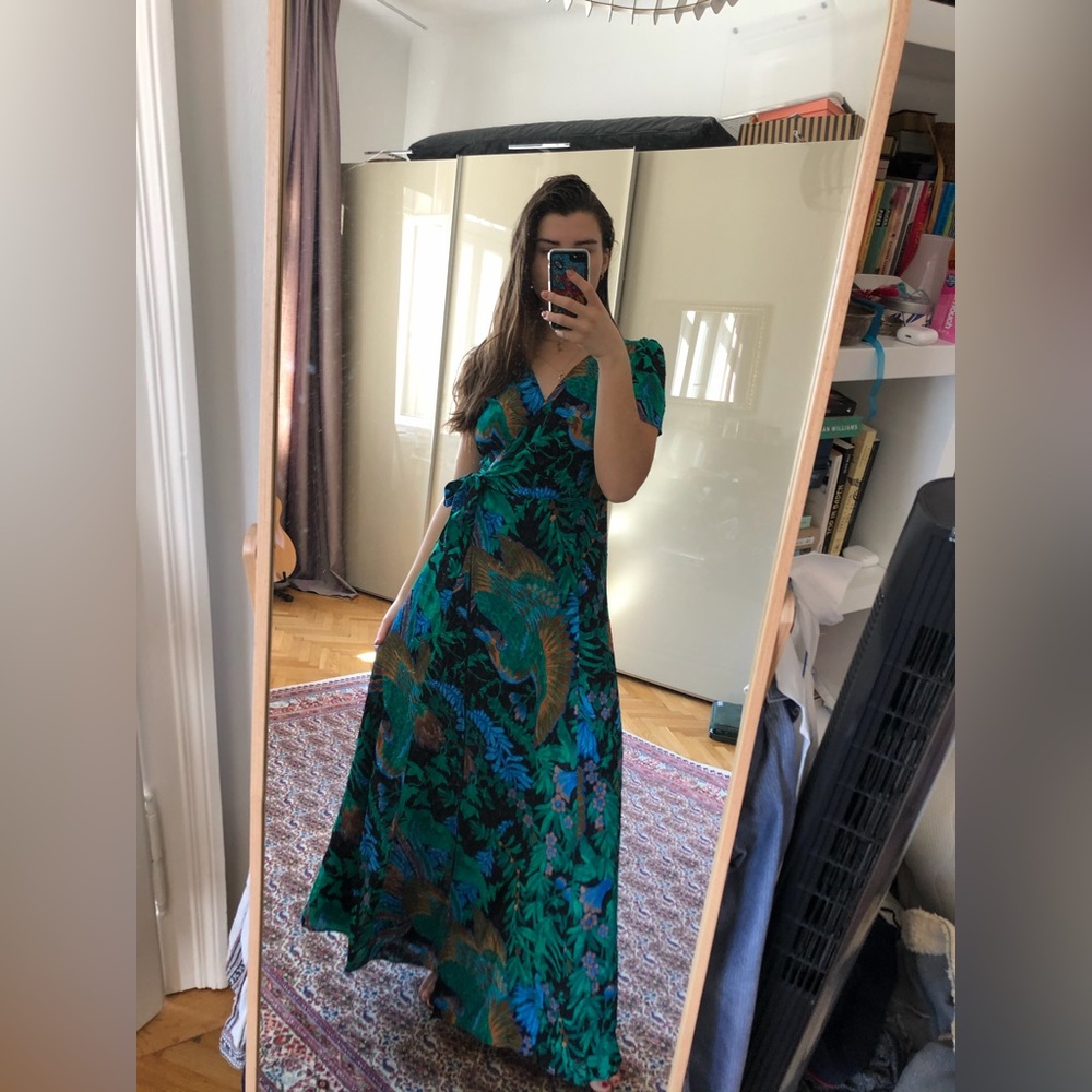 Sezane Blue and Black Floral Maxi Wrap Dress 
Size US8/40